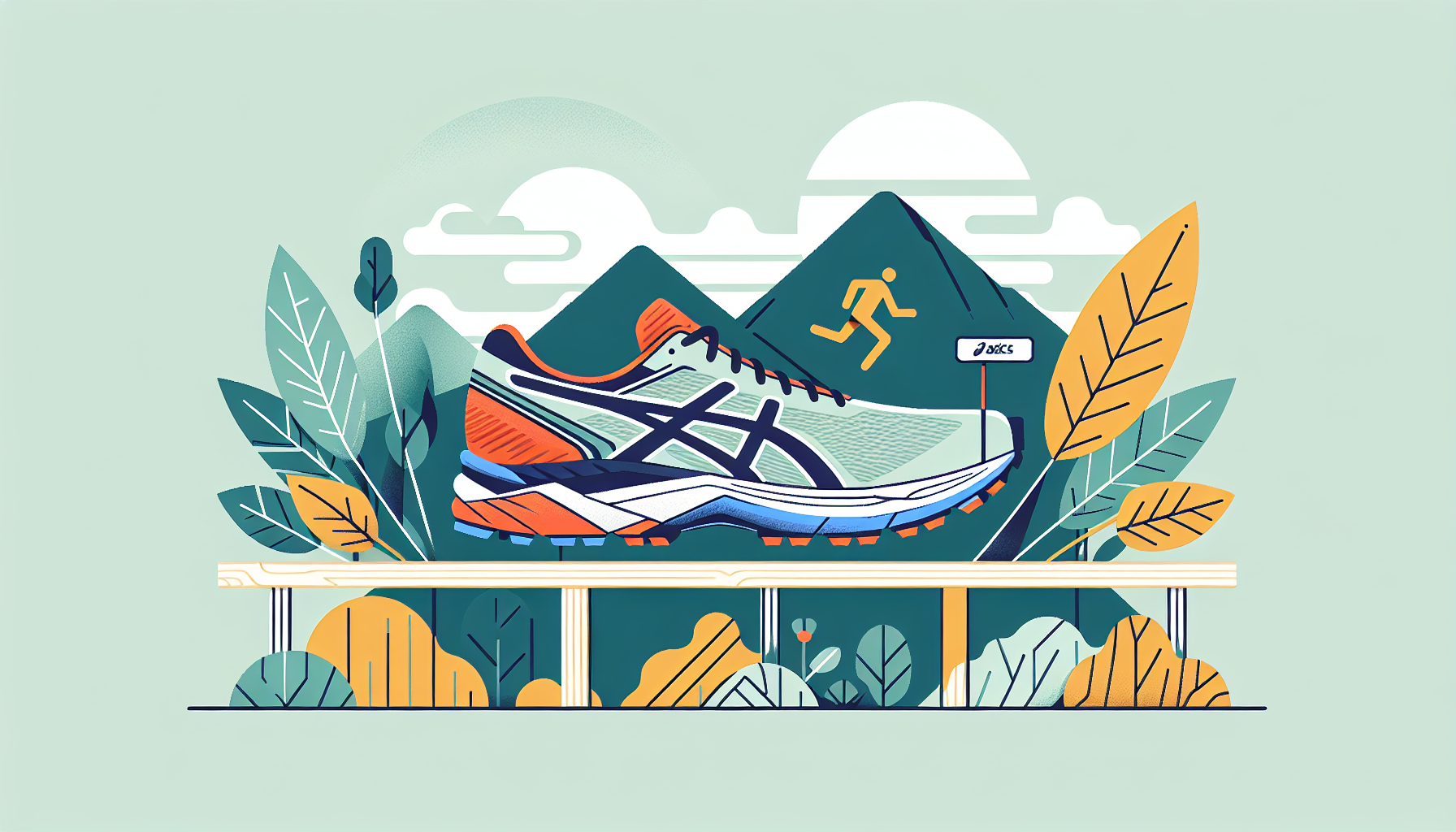 Una imagen vectorial que representa a un paisaje de montaña con unas zapatillas trail running Asics